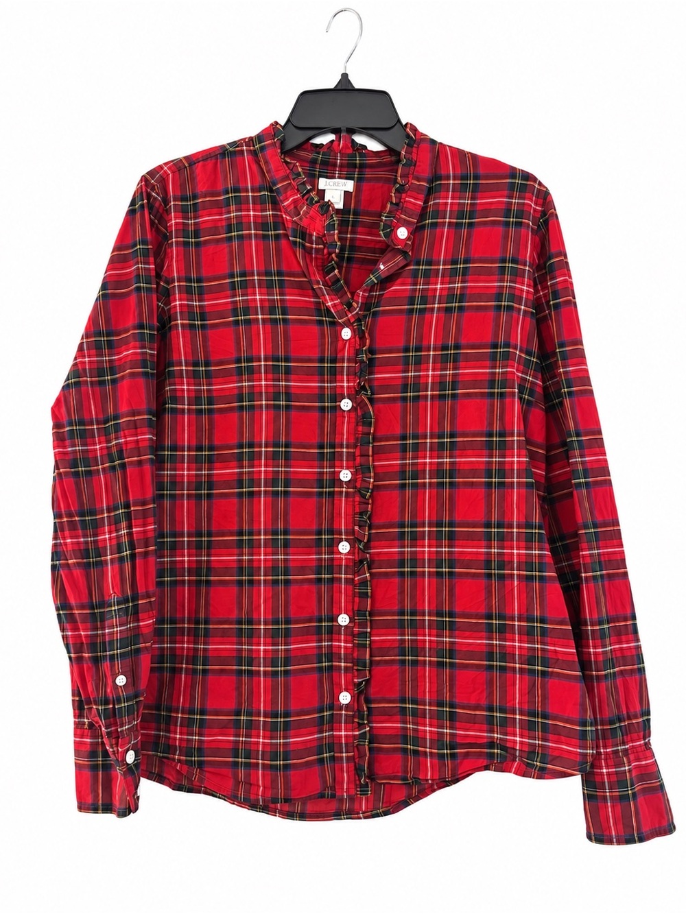 J.Crew Red Tartan Plaid Ruffle Trim Button Down Shirt Size L